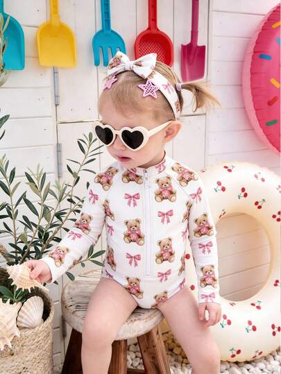 SHEIN Cute Vintage Sweet Pink Bow Bear Print Pattern, Ballerina Style, Mommy And Me, Baby Girls Casual Slim Fit Long Sleeve Romper Swimsuit, Suitable For Summer, Tropical Print, Beach Vacation Photo Shoot Matching, First Beach Trip, Summer Vacation, Aesthetic Swimsuit