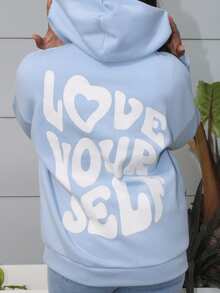 Steph T Slogan Graphic Drop Shoulder Drawstring Thermal Lined Hoodie LOVE YOURSELF,Long Sleeve Tops Graduation,Back To School Outfits,Graduation,Teacher Outfits For Women,Back To School Pullover Fall Outfit - Baby Blue - View 2
