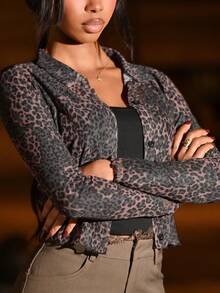 Mima John 女士性感豹纹网眼短款开衫，秋季 - 棕色 - 查看 5