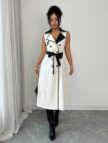 SHEIN Elenzya Women's Contrast Collar Design Double-Breasted Cinched Waist Waist Elegant Casual Commute Fashion French Versatile Holiday Business Sleeveless Trench Coat, Beige/Apricot, Early Spring/Spring & Summer - Multicolor - View 4