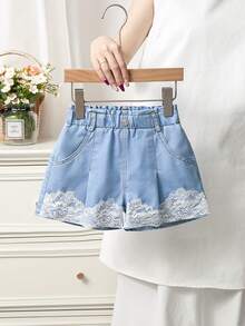 SHEIN Young Girls Summer Washed Denim Shorts, Casual Elastic Waist Loose Fit Wide Leg Lace Trim Blue Jeans Shorts - Blue - View 2