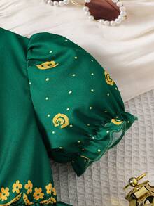 Baby Girls Unique Print Cute Puff Sleeve Dress - Green - View 6