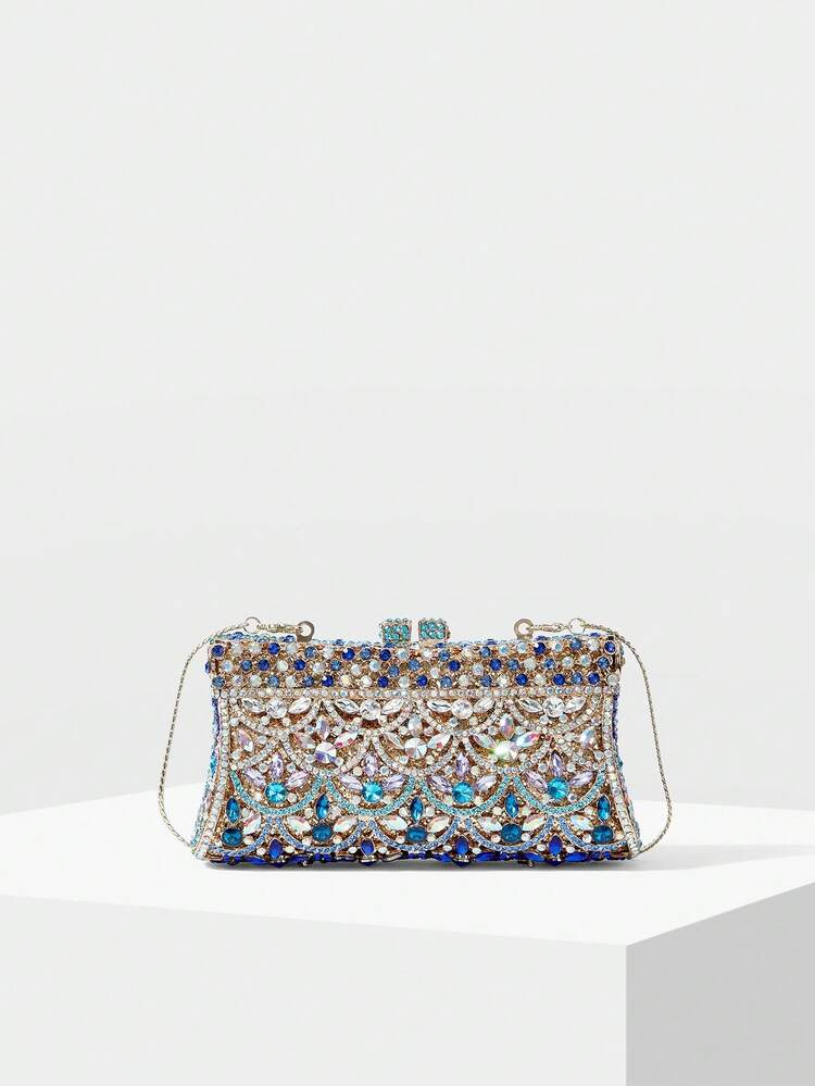 Bolsa de Cristal de Luxo Feminina Mista Azul e Dourada, Bolsa Cintilante com Strass para Mulheres, Bolsa de Embreagem Prateada, Bolsas Pequenas Brilhantes para Casamentos, Bailes de Formatura, Boutiques e Festas, Artesanato Complexo Feito à Mão
