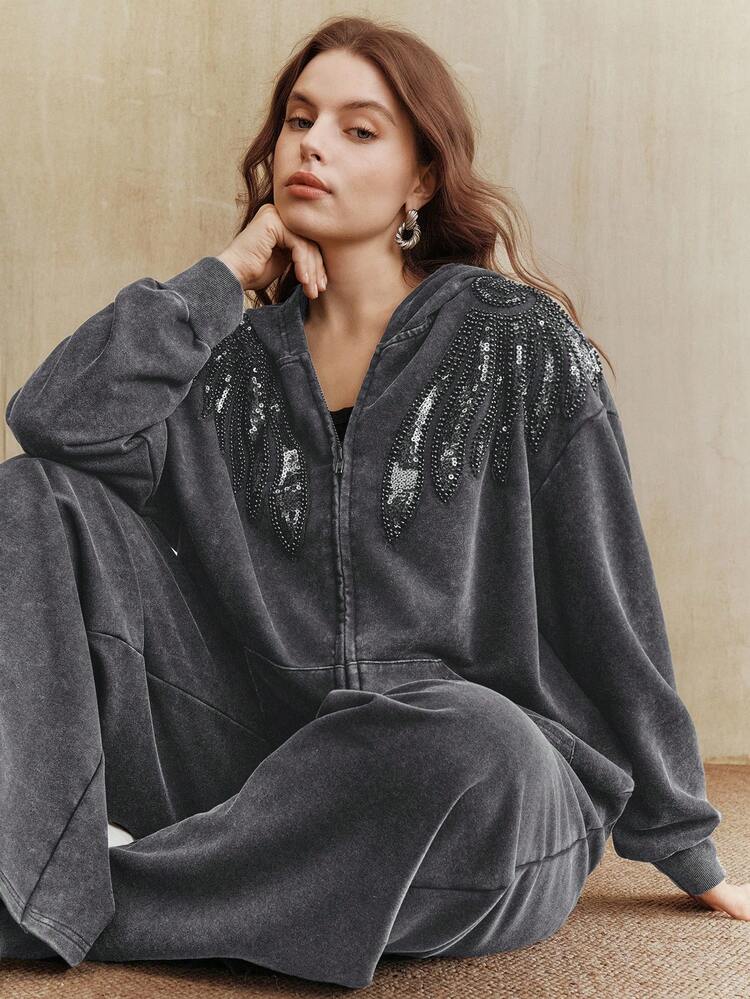 Women's Casual Handmade Embroidered Knit Black Long Sleeve Plus Size Sweatshirt Sweatshirt, Autumn/Winter Comfy Sets Women Lounge Wear