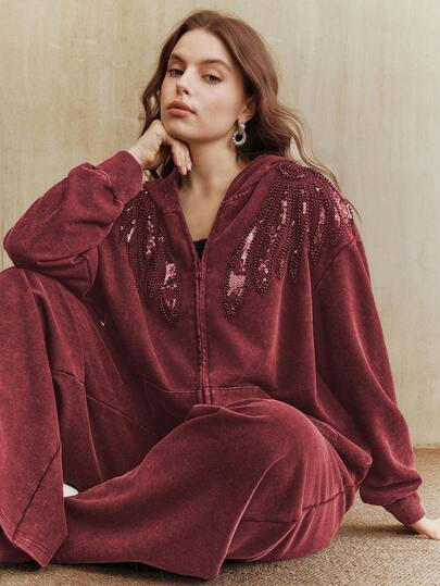 Anewsta Women's Casual Handmade Embroidered Knit Black Long Sleeve Plus Size Sweatshirt Sweatshirt, Autumn/Winter Maroon Lounge Set Women Red Casual Outfits Women's Sequin Hoodie