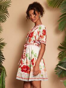 Travachic Women's Floral Print V-Neck Short Sleeve Vacation Romantic Dress - Red - View 6