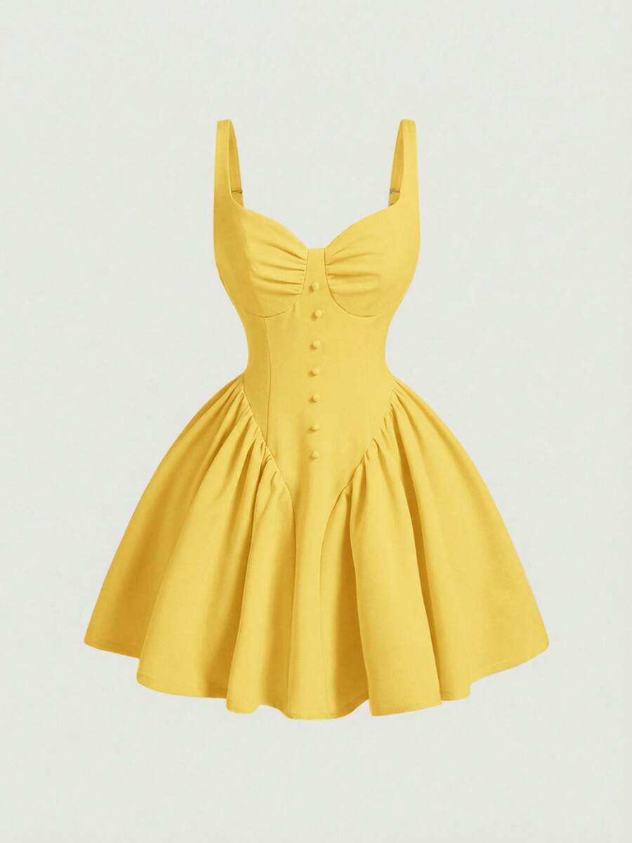 SHEIN MOD 女士无袖褶皱胸部装饰纽扣裹身荷叶边下摆红色连衣裙 女士吊带裙 黄色连衣裙 黄色吊带裙 迷你连衣裙 束身胸衣连衣裙 - 黃色 - 查看 1