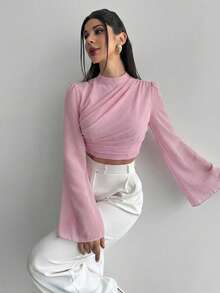Firerie Women's Elegant Minimalist Delicate Romantic Vacation & Commute Chiffon Draped Flare White Blouse,Summer Top - Dusty Pink - View 8
