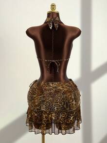 Zestiva 女士豹纹三角罩杯挂脖系带高衩褶皱网纱荷叶边下摆三件套吊带泳衣套装 - 彩色 - 查看 2