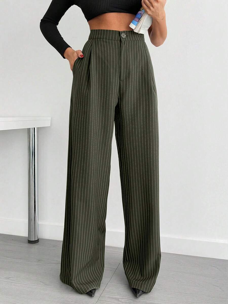 EURMUSE Women's Striped & Printed Suit Pants - Army Green - View 1