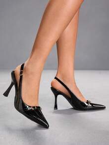 CUCCOO SZL 女士尖头细高跟黑色带扣后跟提拉鞋，简约时尚性感通勤女式高跟鞋 - 鏡面黑 - 查看 7