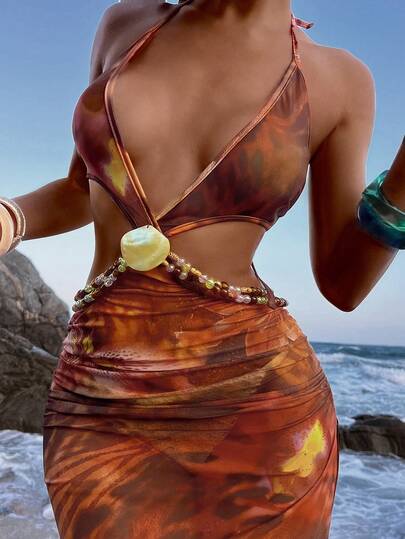 Opulessa Women's Floral Print Hollow Out Waist Halter Neck Dress, Vacation Style,Beach,Beach Outfits For Women,Beach Set,Going Out,Vacation,Vacation Outfits Women,Holiday,Summer,Summer Clothes,Summer Outfits For Women,Valentine's Day,Carnival,Carnival Costume,Party ,Going Out,Going Out Outfits,Casual,Elegant,Y2k,Flower,Summer Dress,Valentines Day Dress,Carnival Dress,Party Dress ,Beach Dress ,Elegant Dresses,Vacation Dress,Casual Dresses,Floral Dress,Leopard Print,Cheetah Print