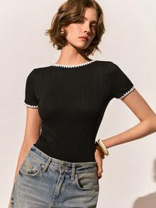 Poéselle 女士撞色滚边圆领修身连体衣 - 杏色 - 查看 2