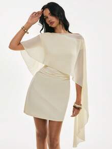 Poéselle 女士优雅时尚纯色不对称斗篷袖褶皱腰短连衣裙，夏季 - 杏色 - 查看 2