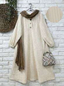SHEIN Franclia Women's Solid Color Jacquard V-Neck Dress, Elegant Linen Dress Dress With Scarf French Style Dress Cottagecore Linen - Apricot - View 3