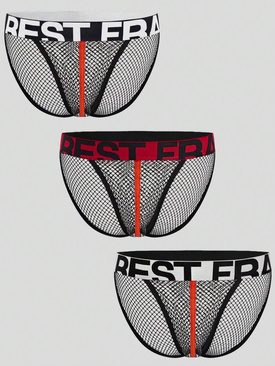 Men's Letter Print Mesh Sexy Thong Underwear - Multicolor - View 1