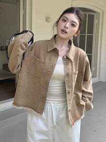 Dazy Plus Vintage Washed Khaki Loose Pocket Turndown Collar Long Sleeve Shirt + Frayed Hem Denim Jacket, Countryside Style, Spring/Autumn - Khaki - View 9