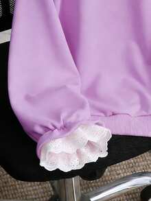 SHEIN Genkimix Kids Girls' Casual Korean Style Lace Patchwork Embroidered Collar Flared Lace Cuff Sweatshirt, Suitable For Outings, School, And Commuting - Violet Purple - View 3