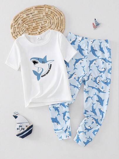 2 Pcs Toddler Boys Playful Vibrant Fresh Cartoon Shark Placement Print Short Sleeve Top And Shark All-Over Print Pants Soft Comfortable Spring/Summer Snug Fit Pajamas Loungewear Set