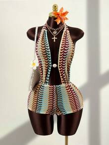 Zestiva 女士夏季沙滩网纱蕾丝印花无袖露背吊带串珠性感紧身度假连体衣 - 彩色 - 查看 1