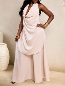 BamGleam Women Elegant Peach Pink Summer 2-Piece Set,Halter Draping Collar Sleeveless Open Back Top & Loose Wide-Leg Pants,Casual Chic Brunch Outfit Graduation - Apricot - View 8
