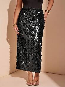 SHEIN BAE Chân váy sequin trơn màu thanh lịch dành cho nữ cỡ lớn, thích hợp cho đầu thu. - màu đen - Xem 6