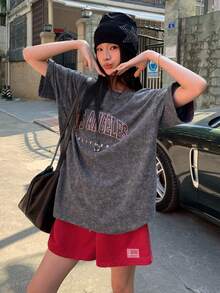 DAZY 女士休闲字母印花落肩宽松T恤，夏季 - 深灰色 - 查看 6