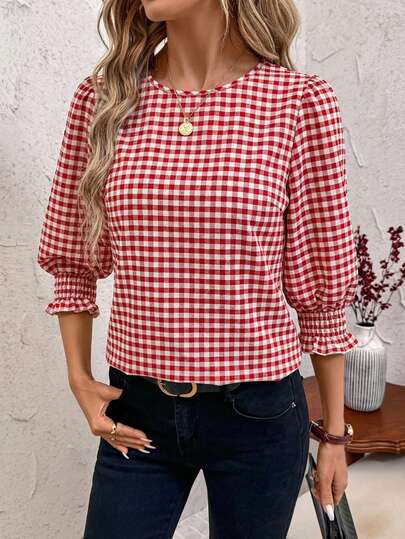SHEIN Clasi Women's Plaid Print Round Neck 3/4 Sleeve Loose Elegant Casual Blouse Top, Suitable For Spring/Summer Summer Tops Summer Outfit For Women Elegant Blouses For Women Plaid Red And White Checkered Blouse, Picnic Checkered Top, Pastoral Style, Lantern Sleeves, Loose Shirt.
