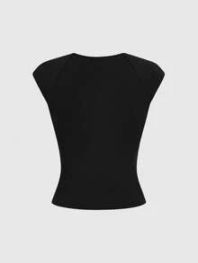 ROMWE Avant 前卫休闲时尚镂空圆领女式T恤 - 黑色 - 查看 2