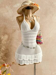 Soleia Women's Vacation Gradient Knit Deep V Neck Backless Sexy Bodycon Mini Dress With Ruffle Hem, Fashion For Party, Date, Afternoon Tea, Boho Beach - White - View 1