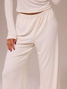 MUSERA ESSENTIALS Wide Leg Elasticated Waist Pointelle Trousers Coord Bottoms Only Spring Winter Cosy Cute Daily Girly Lounge Essential - Cream - View 5