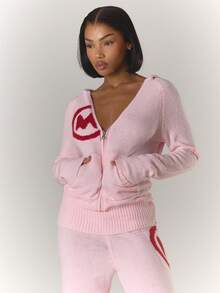 MUSERA V领拉链连帽修身马海毛针织套头衫（仅上衣）冬季酷女孩舒适可爱户外探险情人节 - 粉色 - 查看 2