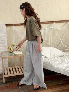 DAZY Tween Girl Solid Color Round Neck Drop Shoulder T-Shirt And Striped Pants Pajama Set - Army Green - View 2