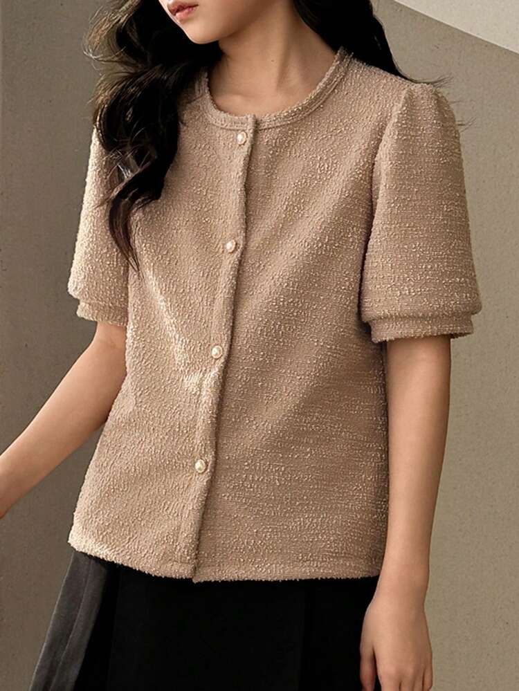 Tween Girls' Textured Front Button Short Sleeve Blouse, Summer