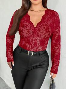 Firerie Top elegant casual mărimă mare, cu dantelă, decolteu în V, mânecă lungă, elastic, versatil pentru purtare zilnică și vacanță, primăvară/toamnă - roșu - Vizualizare 7