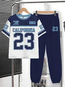 Tween Boy Navy Blue Y2K Streetwear Summer School Back-To-School Retro Colorblock Number 23 Print Round Neck Short Sleeve T-Shirt And Pants Set - White - View 2