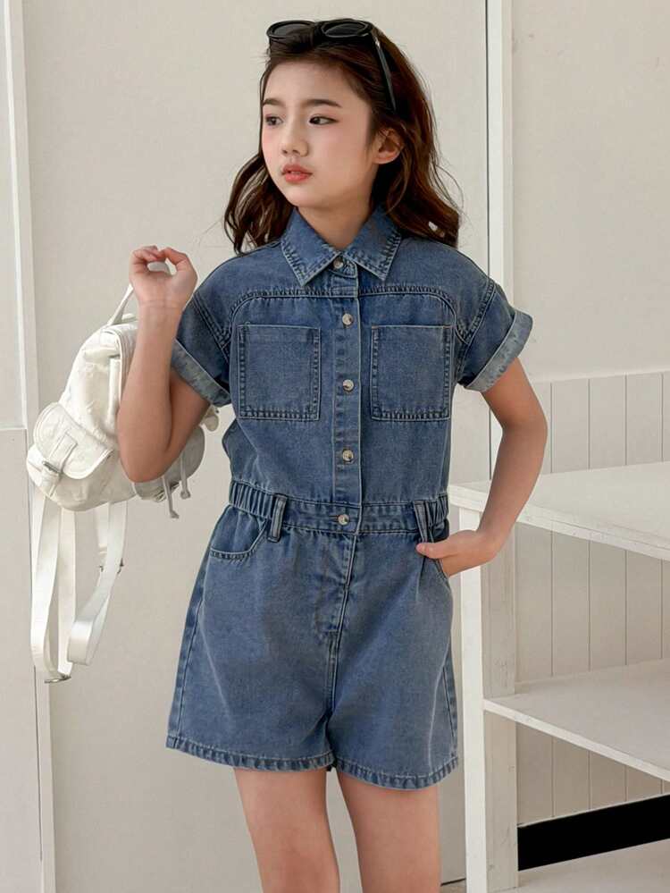 Tween Girl Solid Color Slant Pocket Button Casual Short Sleeve Denim Jumpsuit Summer
