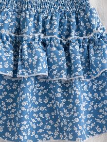 2pcs/Set Young Girls' Summer Blue Floral Print Off Shoulder Flutter Sleeve Shirt And Elastic Waist Ruffle Hem Skirt Casual Outfit - Blue - View 9