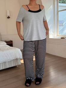 SHEIN 大码休闲条纹二合一短袖睡衣套装 - 灰色 - 查看 5