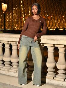 Mima John 女士休闲简约刺绣细节修身毛衣，秋冬季上学上衣 - 棕色 - 查看 4