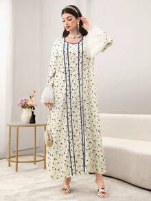 Yasmyna Women's Apricot Woven Floral Print Contrast Blue Elastic Long Sleeve Ruffle Hem Elegant Arabic Dress, Spring/Summer - Apricot - View 4