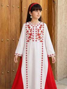 SHEIN Rochie preadolescentă cu imprimeu în blocuri de culori și mânecă lungă, linie A - roșu - Vizualizare 6