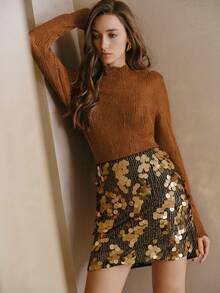 Anewsta Caramel Brown Ruched Sheer Mock Neck Frill Trim Fitted Women T-Shirt - Brown - View 5