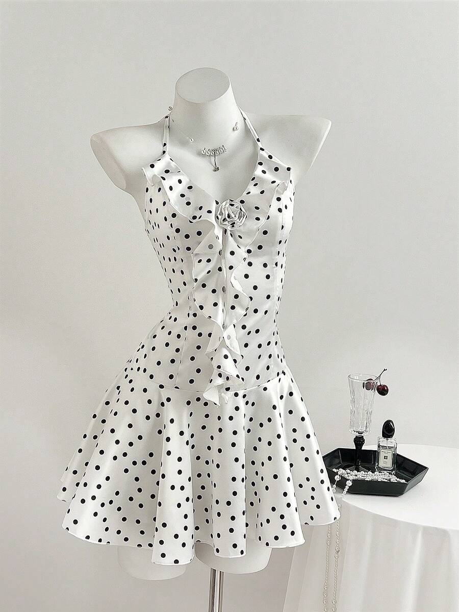 Elamini Women's Summer Pure White Polka Dot Fitted V-Neck Mini Dress With 3D Floral Decor - White - View 1