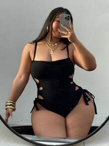 SHEIN Swim SXY Plus Size One-Piece Swimsuit, Hollow Out Drawstring Side Strap Sexy Camisole, Summer Beach - Black - View 1