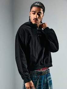 ROMWE MEN Street Life Sudadera casual de hombre con hebilla de avión de unicolor - Negro - Ver 4