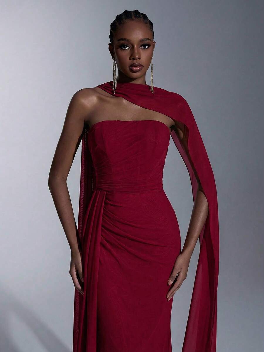 Elitara Váy xòe xếp ly lưng thấp bằng vải chiffon màu xanh lá cây thanh lịch, không dây, dáng đuôi cá (Có thể tháo rời, mặc được nhiều kiểu) Thích hợp cho các buổi hẹn hò, kỳ nghỉ, đám cưới, mua sắm, hoạt động hàng ngày, váy phù dâu - Màu Đỏ Sâu - Xem 1