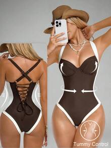 Shapewave Traje de baño de una pieza con control de abdomen, con abertura lateral, push-up y efecto estilizante, en marrón y beige para mujer - Café integral - Ver 3