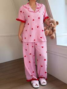 Dream Adore Plus Size Women Bubble Textured Striped Heart Print Ruffle Collar Open Front Sleepwear Set - Multicolor - View 4