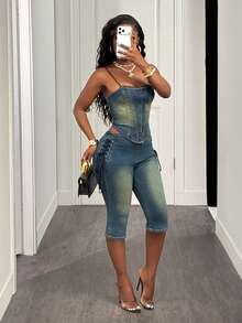 Slaydiva Women's Casual Fashionable Asymmetrical Hem Fitted Denim Camisole Top, Suitable For Summer - Medium Wash - View 7